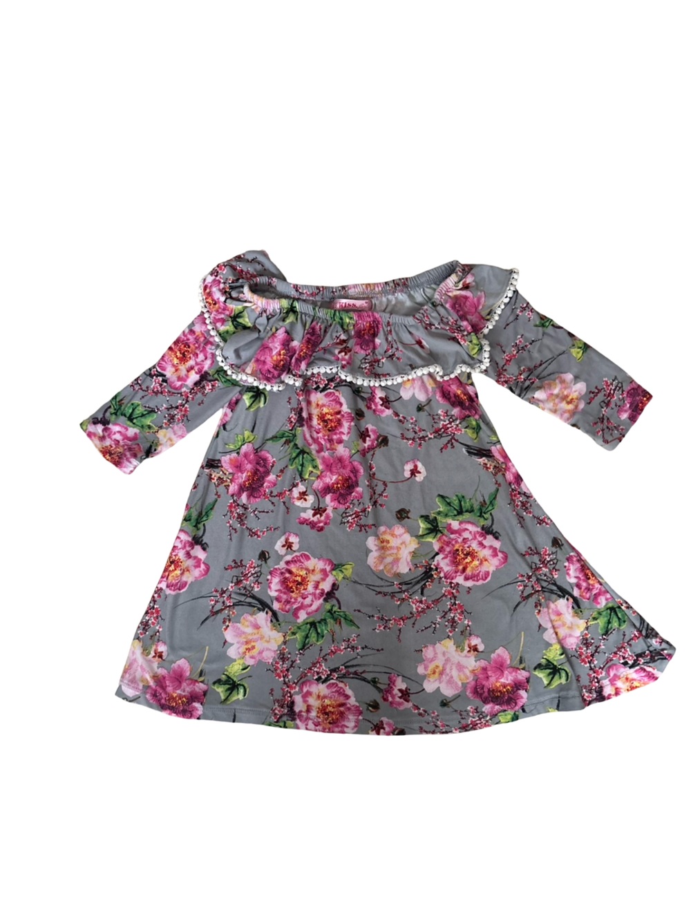 Grey Floral Flowy Soft Girls Modern Dress with Pink Blossoms Size 6X